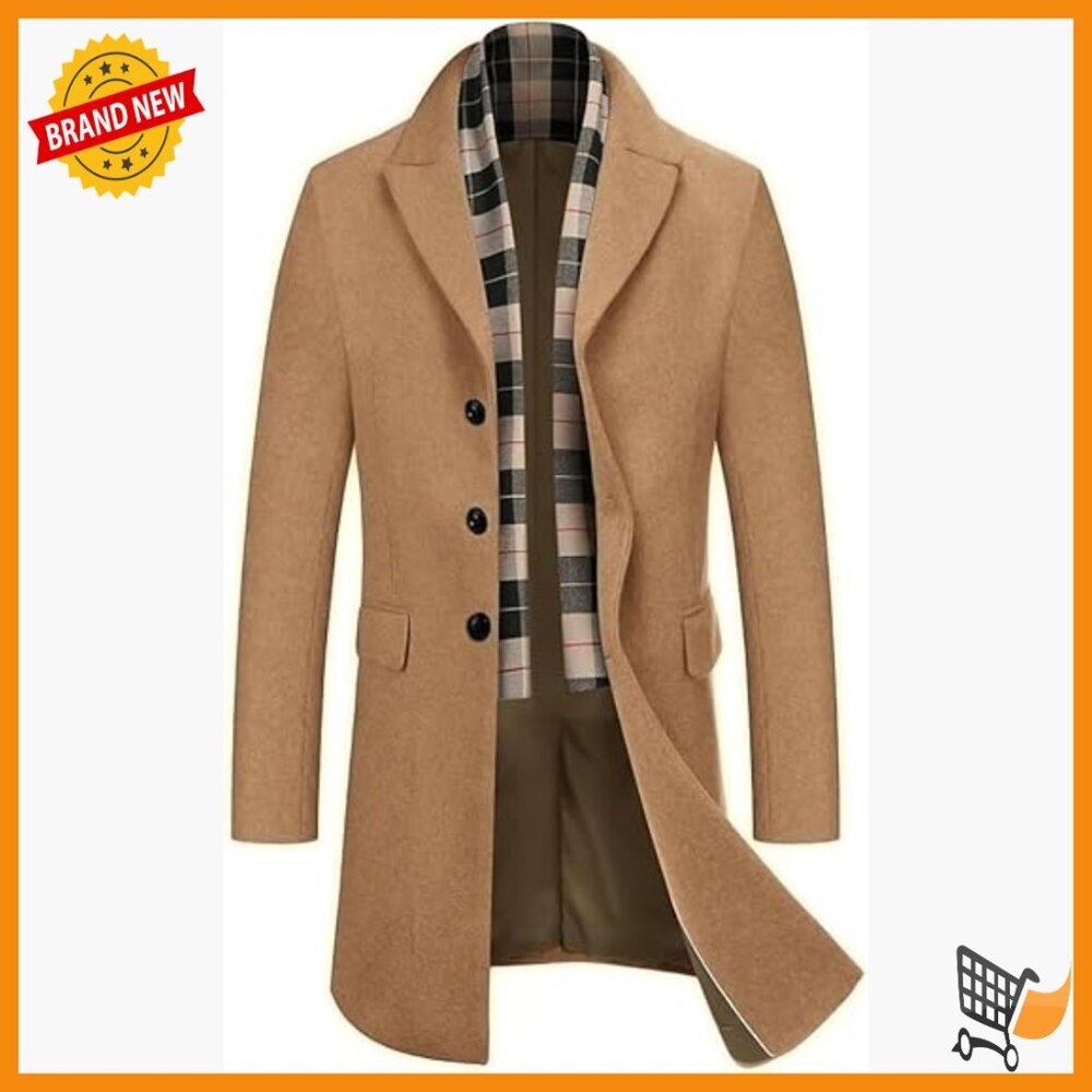 Men's Wool Blend Pea Coat with Detachable Scarf Slim Fit Overcoat